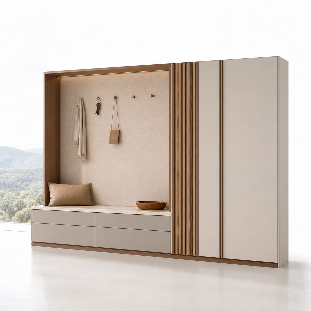 Fadior Loggia Entryway Suite with Linen Pivot Sorting Wall — 304 stainless steel entryway system, front view