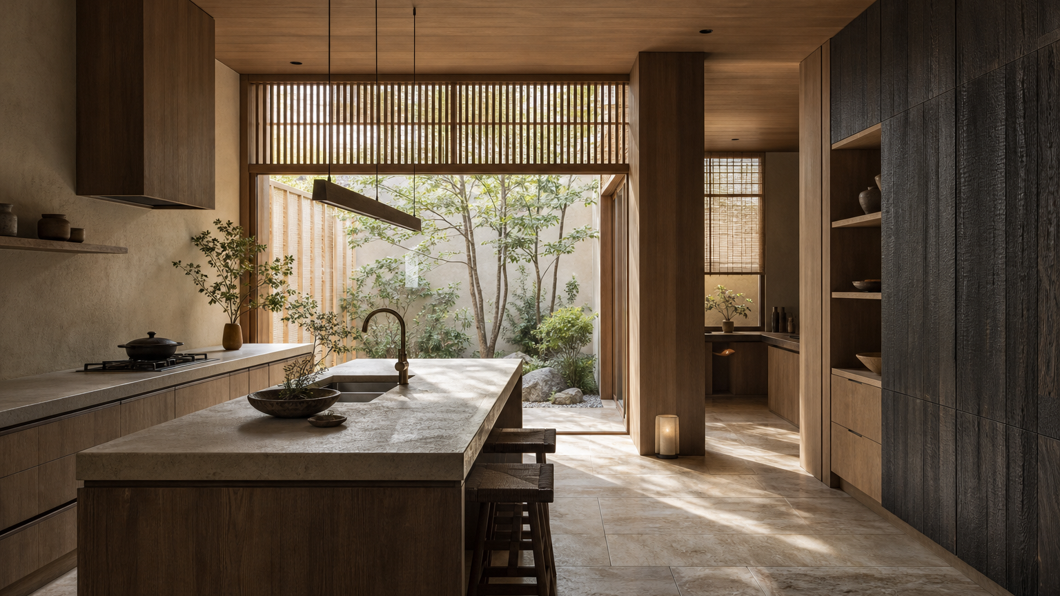 Atmosphere view: quiet courtyard kitchen planned around phased renovation scope.