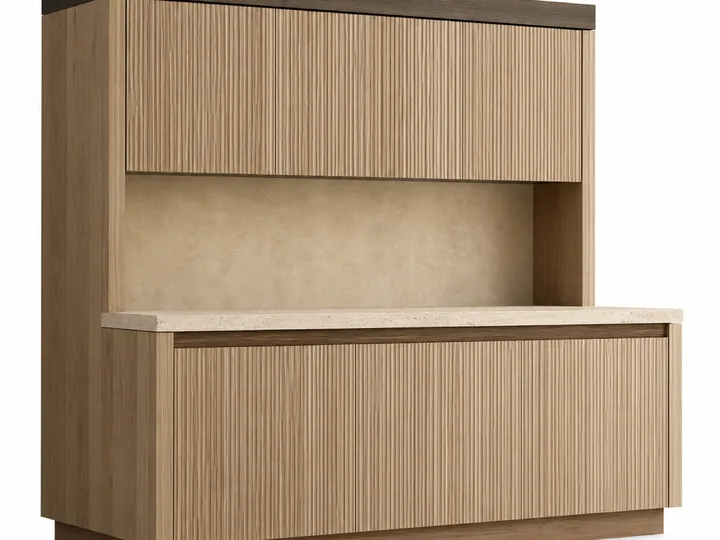 Fadior Riviera Kitchen Suite with Reeded Pantry Lift Bay — 304 stainless steel kitchen system, front view