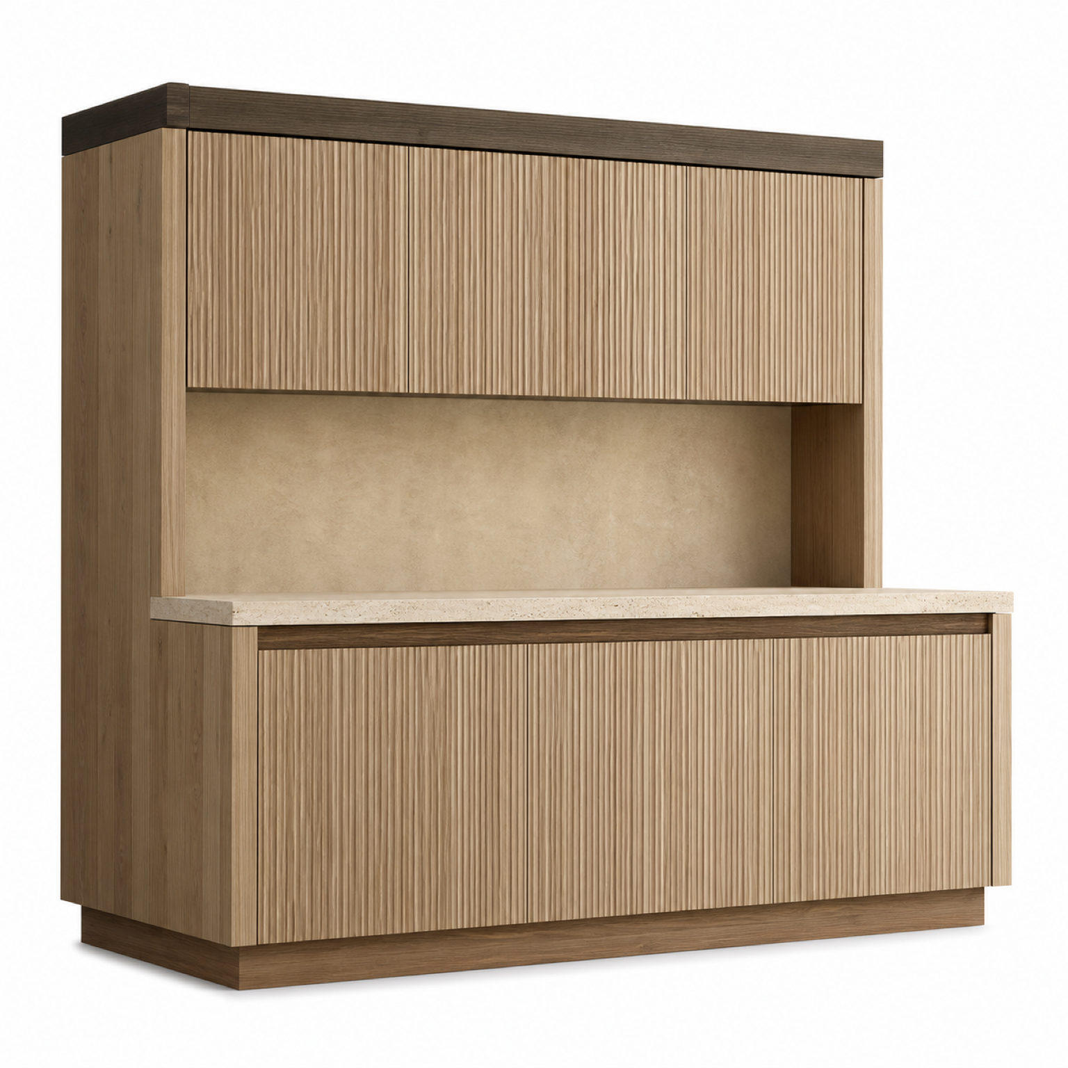 Fadior Riviera Kitchen Suite with Reeded Pantry Lift Bay — 304 stainless steel kitchen system, front view
