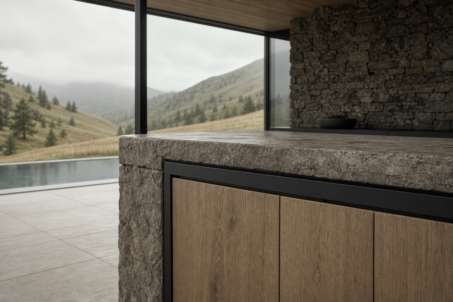 Fadior Terrena Kitchen Suite with Hearthside Service Island — close-up of stainless steel finish and hardware detail