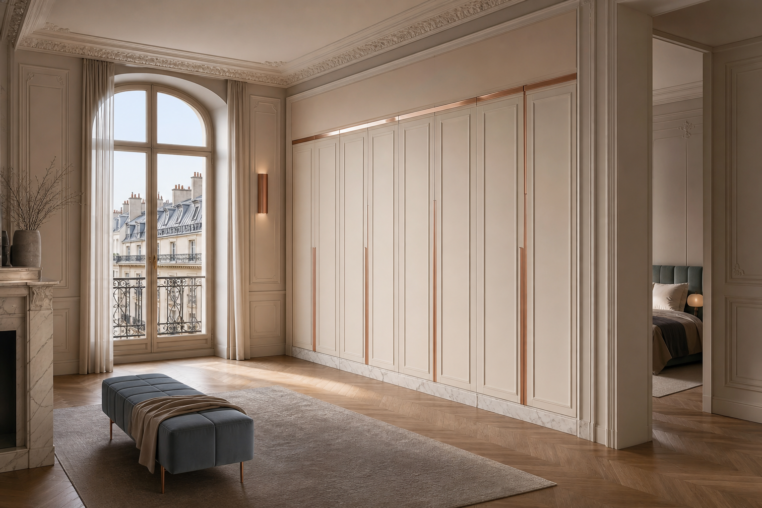 Fadior Eclipse Wardrobe Suite with Reconfigurable Frame Dressing Axis — interior room context showing cabinet integration