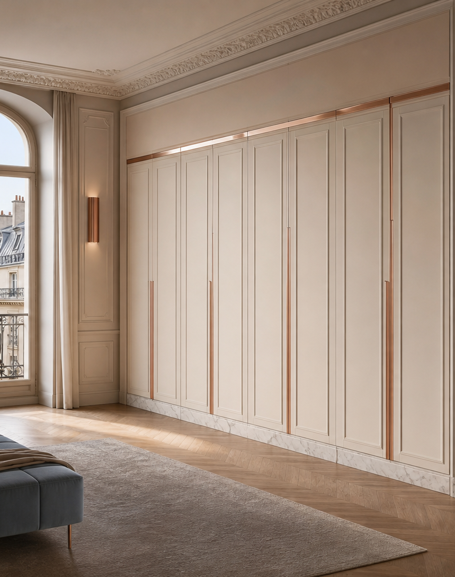 Fadior Eclipse Wardrobe Suite with Reconfigurable Frame Dressing Axis — interior room context showing cabinet integration