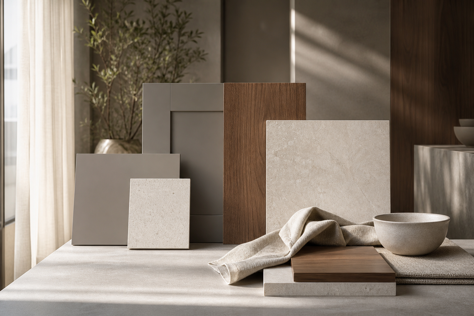 Material mood study with warm grey planes, walnut-toned wood, pale stone, linen, and diffused side light.