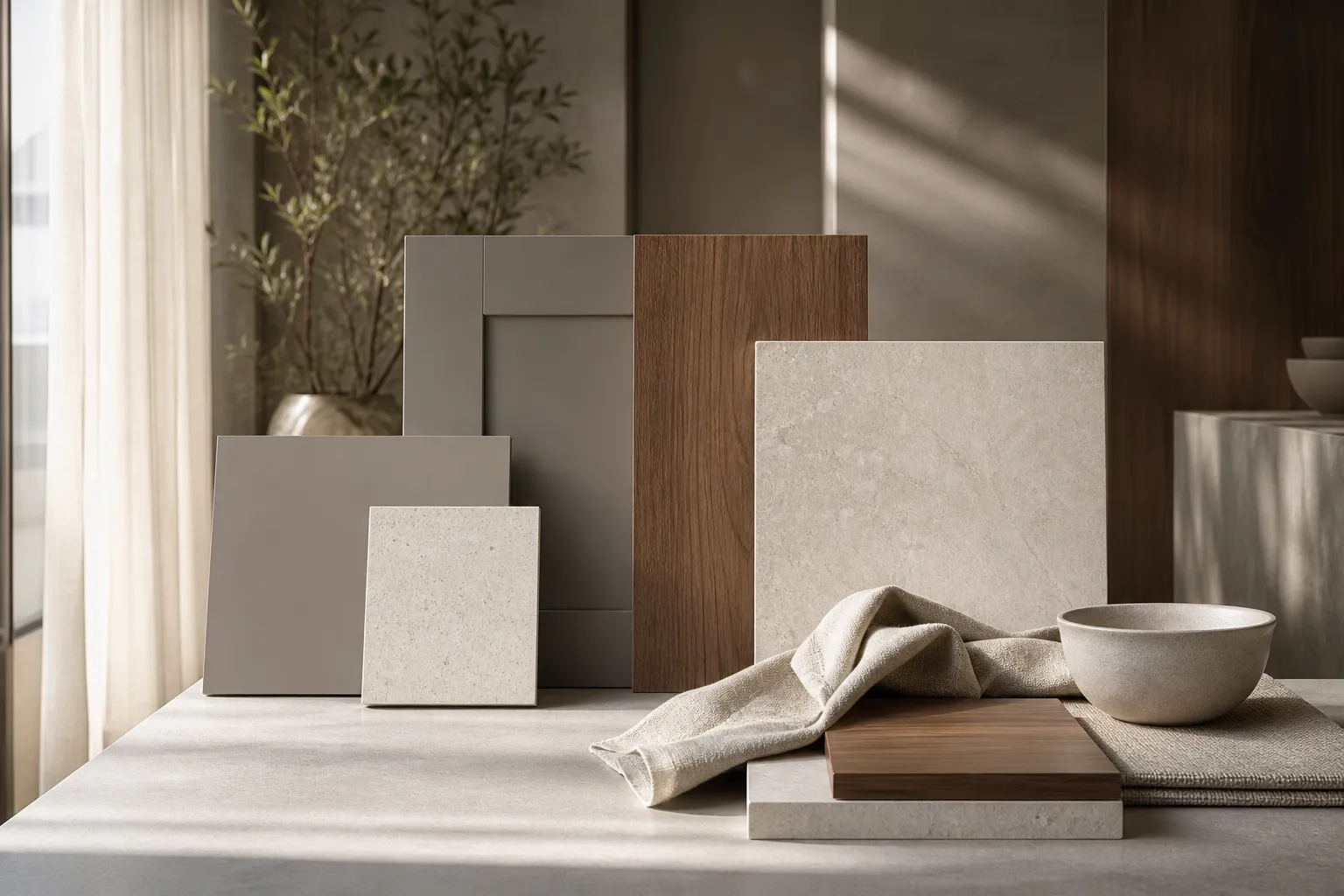 Material mood study with warm grey planes, walnut-toned wood, pale stone, linen, and diffused side light.