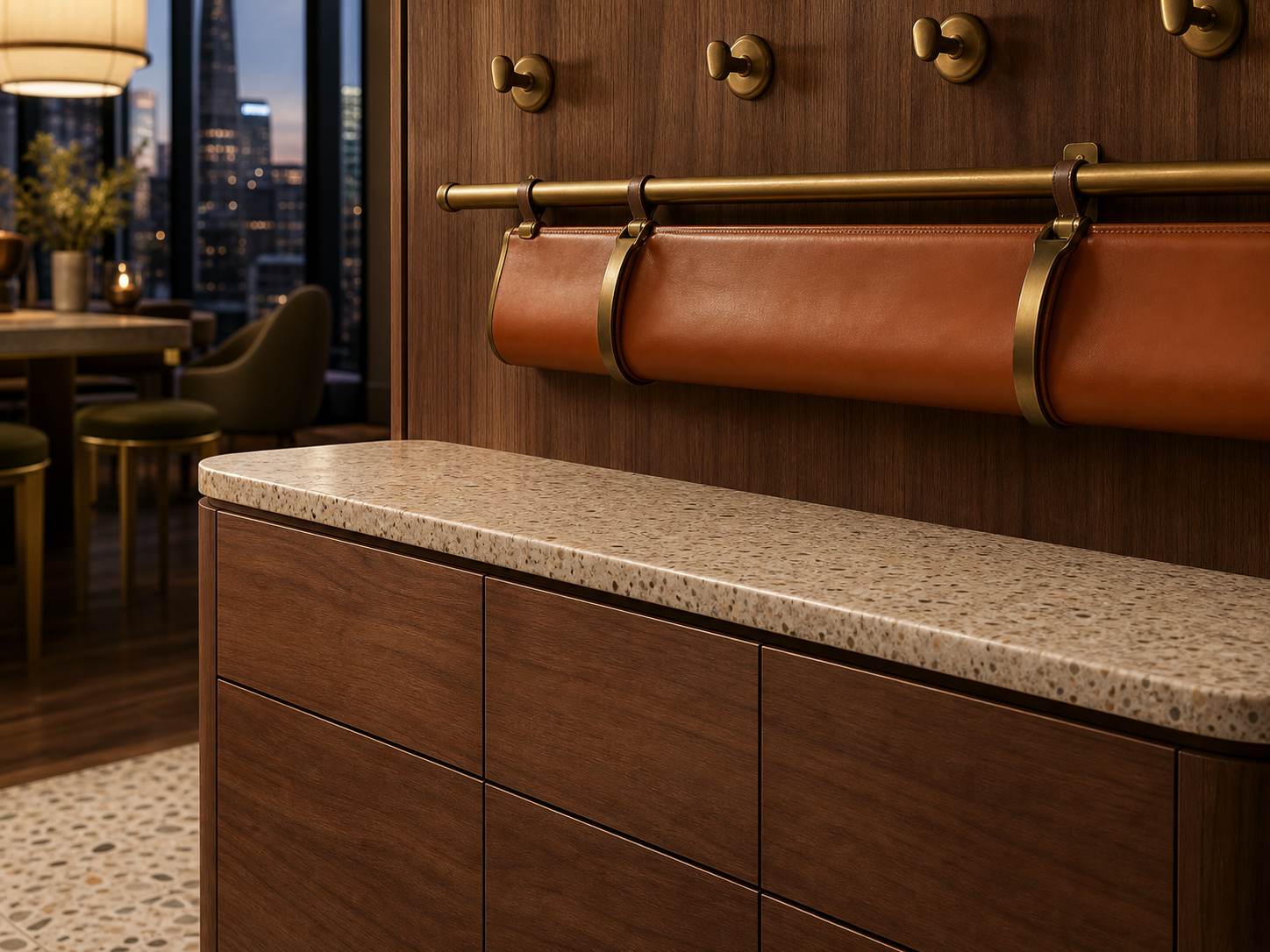 Fadior Savile Entryway Suite with Cognac Mail Rail Console — close-up of stainless steel finish and hardware detail