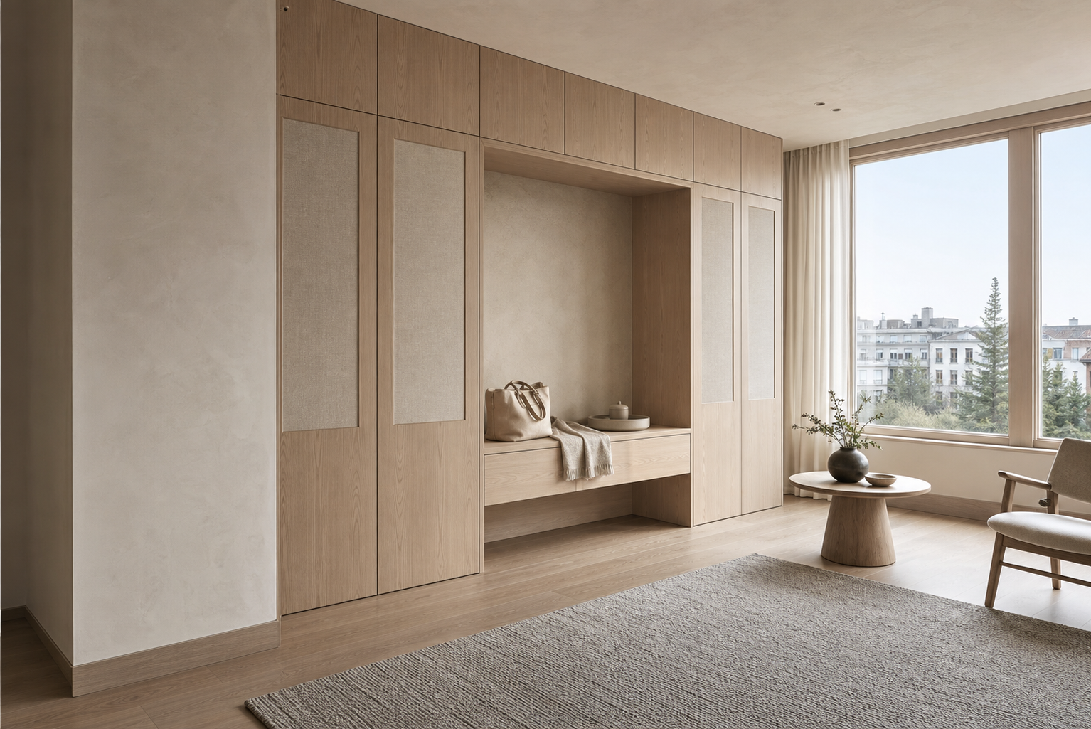 Fadior Elementum Wardrobe Suite with Satin Linen Packing Alcove — lifestyle setting with natural light and residential