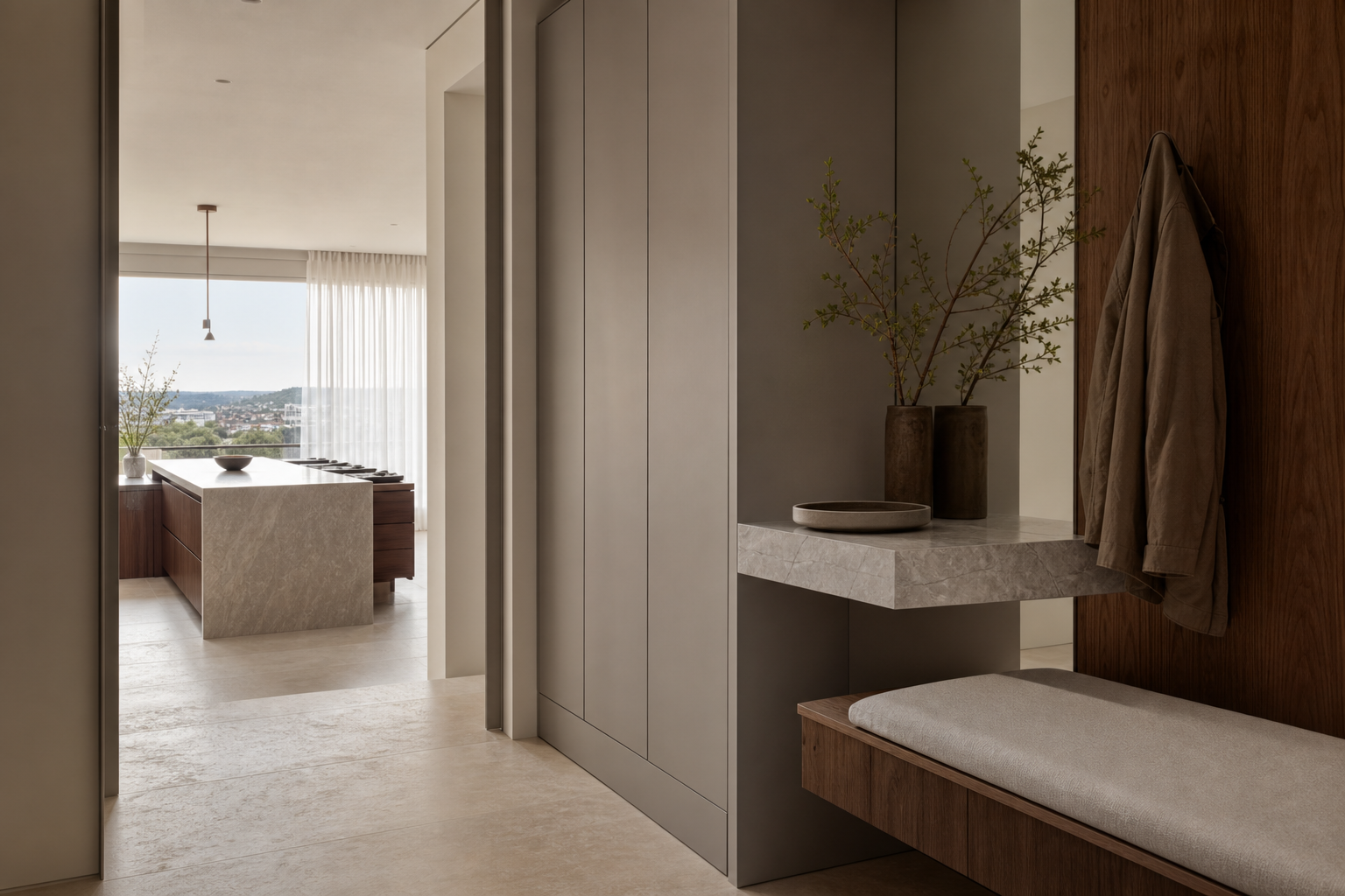 Fadior Houston 250 sqm Kitchen Penthouse — Fadior Houston entry storage — oak cabinet, linen bench, limestone floor,