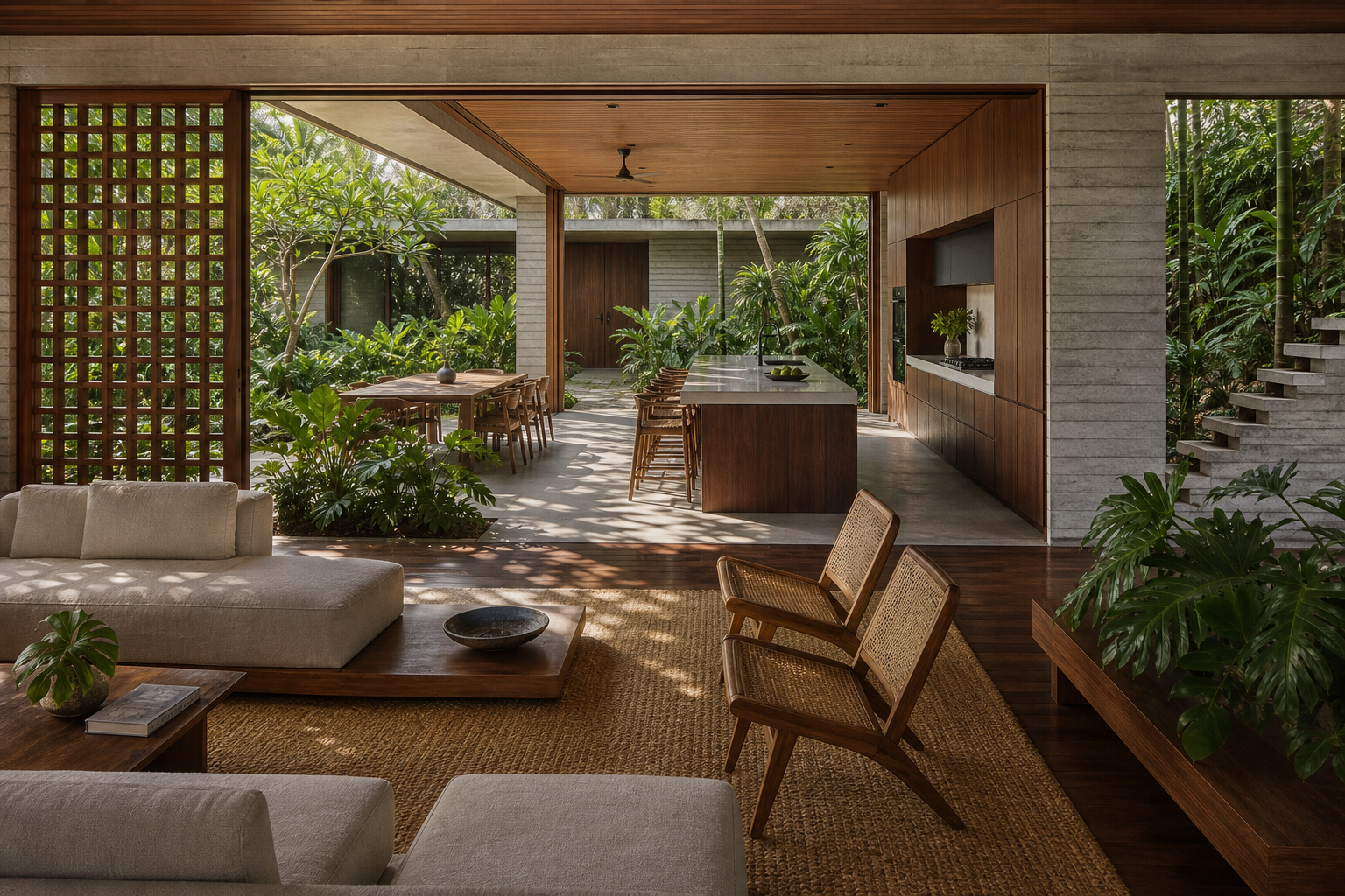 Fadior Singapore Garden Courtyard Villa — Singapore living and kitchen room with sofa, cane chairs, timber island, concrete wall, planted courtyard, dining table, wood lattice, and cabinet wall