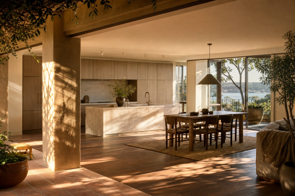 Fadior Sydney 120 sqm Kitchen Apartment — Sydney harbour apartment kitchen with island, cabinet wall, dining table, terracotta floor, eucalyptus shadows, and balcony glazing