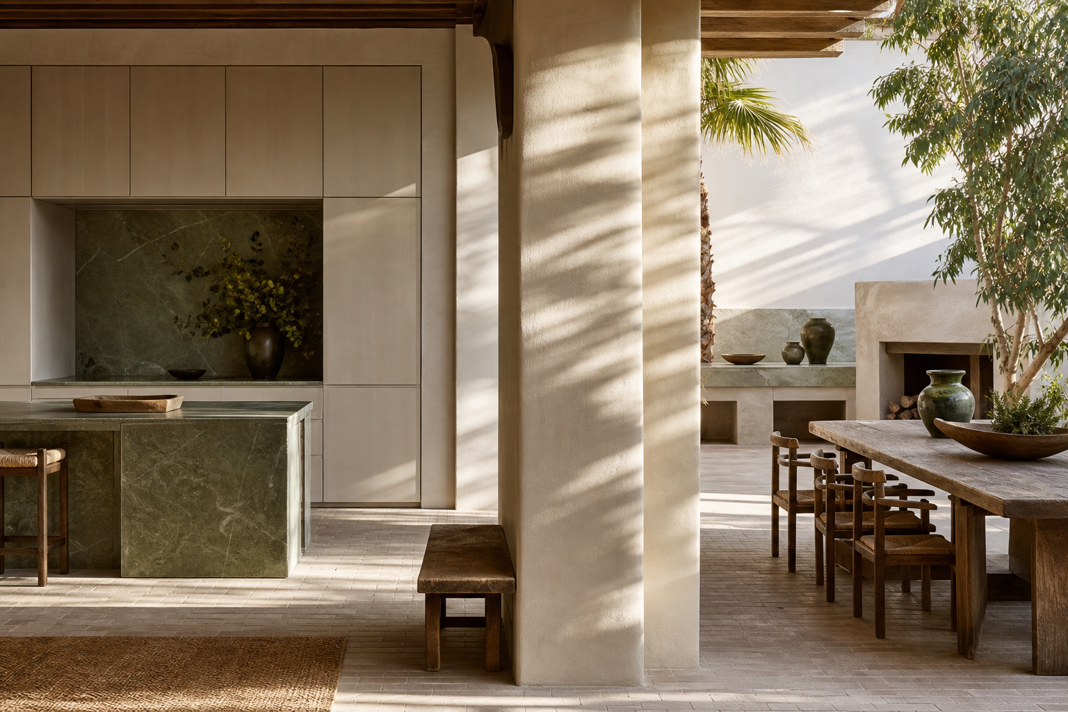 Kitchen decision comparison with courtyard dining, deep olive cabinetry, and clay walls for renovation priorities.