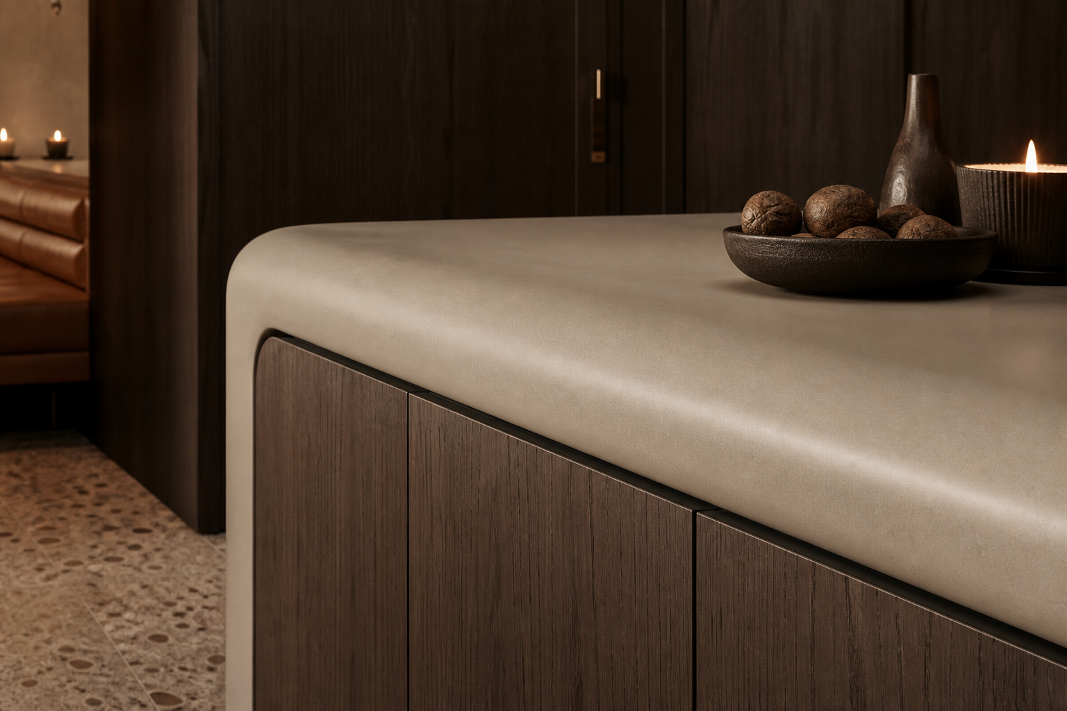 Fadior Meridian Kitchen Suite with Staron Cove Prep Island — close-up of stainless steel finish and hardware detail