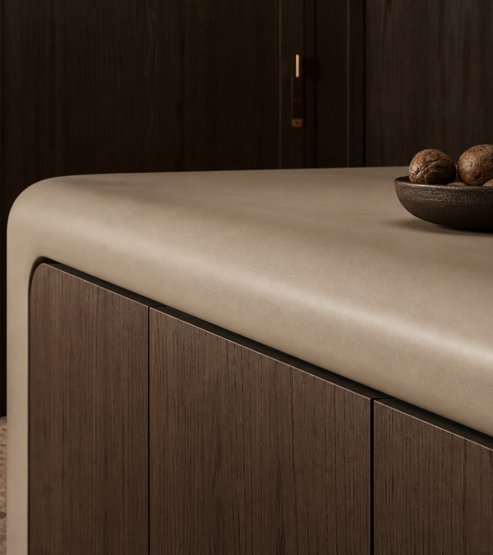 Fadior Meridian Kitchen Suite with Staron Cove Prep Island — close-up of stainless steel finish and hardware detail