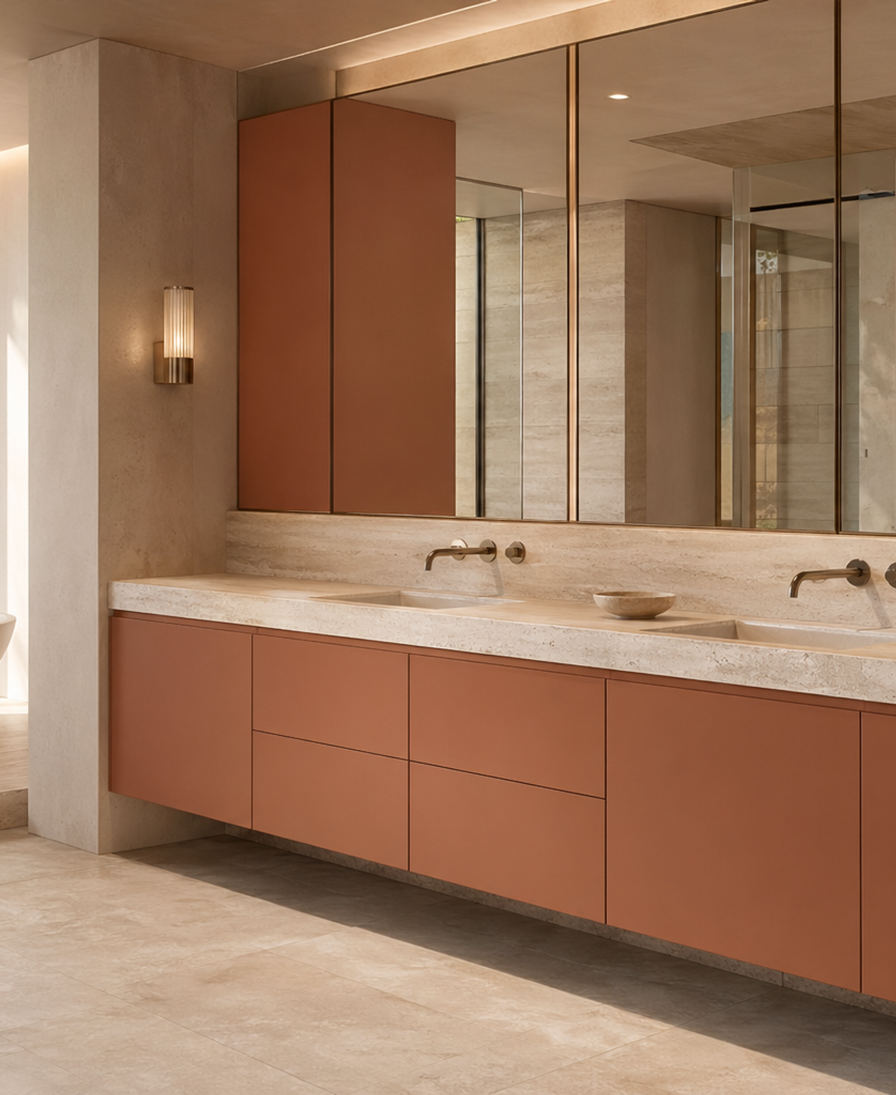 Fadior Nacre Bath and Vanity Suite with Low-Silica Travertine Ledge — 304 stainless steel bath and vanity system, front view