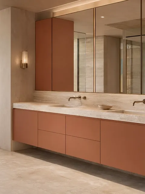 Suite de Baño y Tocador Nacre con Repisa de Travertino Bajo en Sílice
