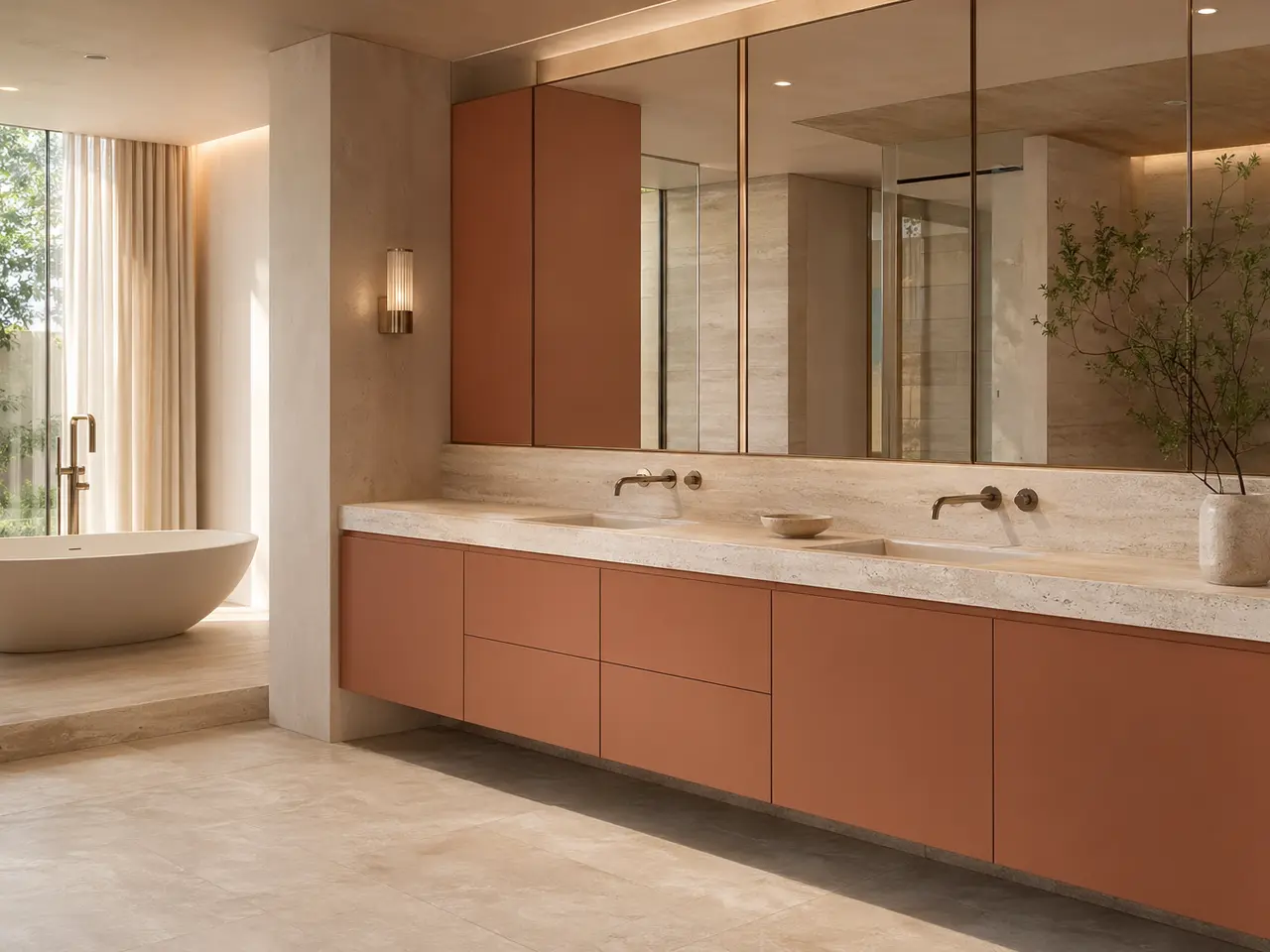 Fadior Nacre Bath and Vanity Suite with Low-Silica Travertine Ledge - waterproof 304 stainless steel bath vanity with mirror storage, moisture-resistant finishes, and grooming storage