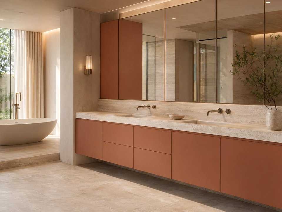 Fadior Nacre Bath and Vanity Suite with Low-Silica Travertine Ledge — 304 stainless steel bath and vanity system, front view