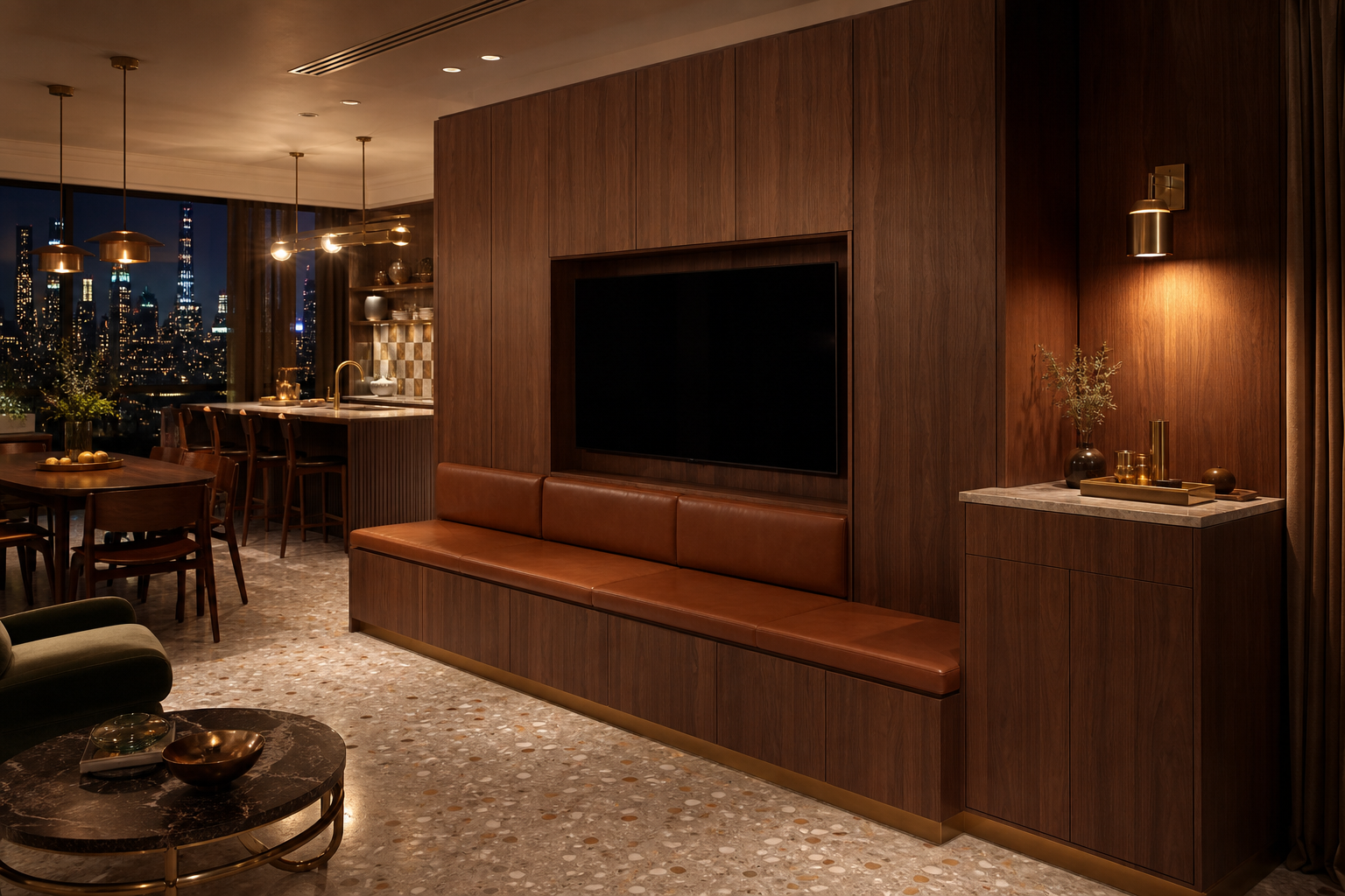 Fadior Patina Living Room Suite with Countertop Utility Media Pier — lifestyle setting with natural light and residential