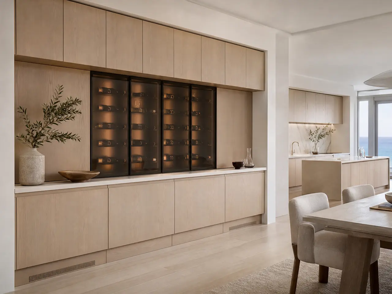 Fadior Grotto Wine Cabinet Suite with Profile Beverage Pairing Wall - built-in stainless steel wine cabinet with bottle display, glass-front storage, lighting, and closed reserve storage