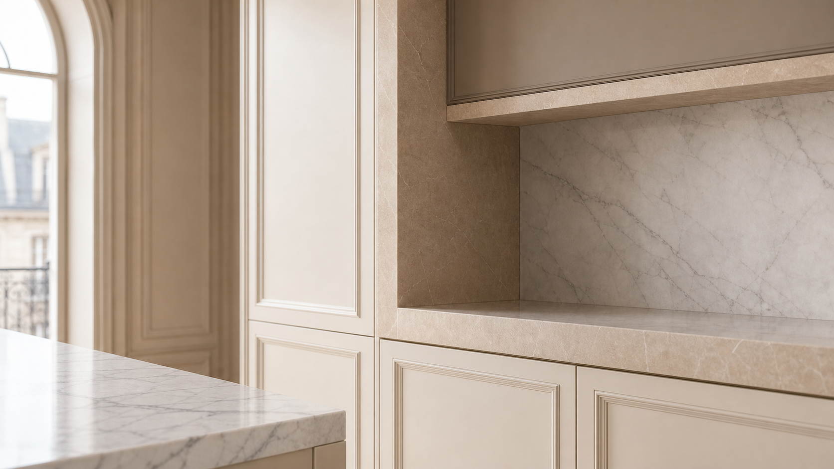 Fadior Silkstone Kitchen Suite with Limestone Dish Pass Window — close-up of stainless steel finish and hardware detail