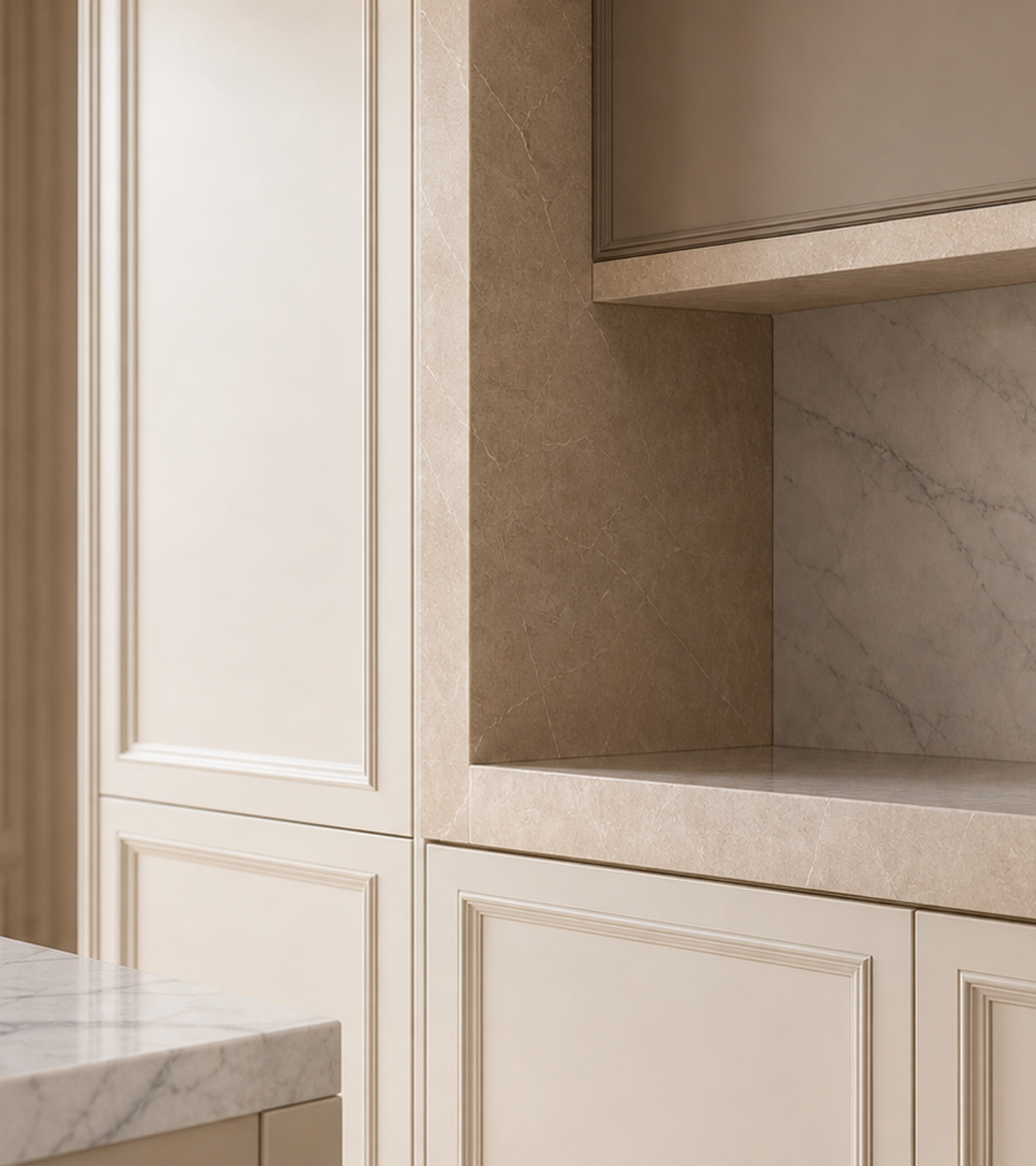 Fadior Silkstone Kitchen Suite with Limestone Dish Pass Window — close-up of stainless steel finish and hardware detail