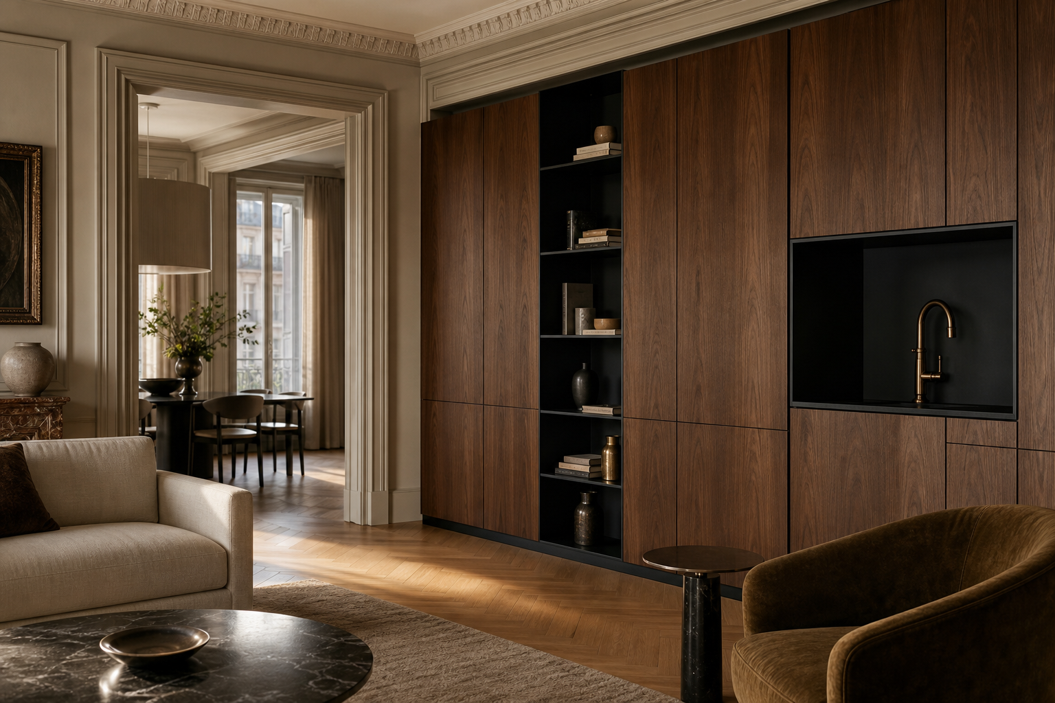 Fadior Patina Living Room Suite with Sculpted Tapline Service Niche — interior room context showing cabinet integration