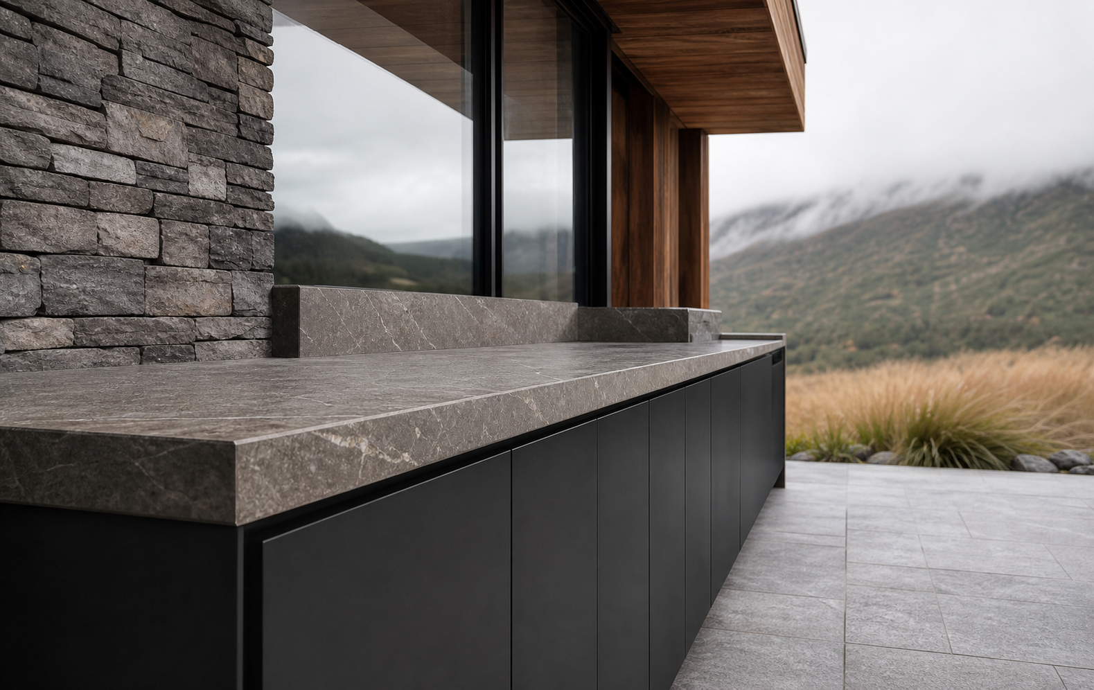 Fadior Vantage Outdoor Kitchen Suite with Quartz Vein Grill Gallery — close-up of stainless steel finish and hardware detail