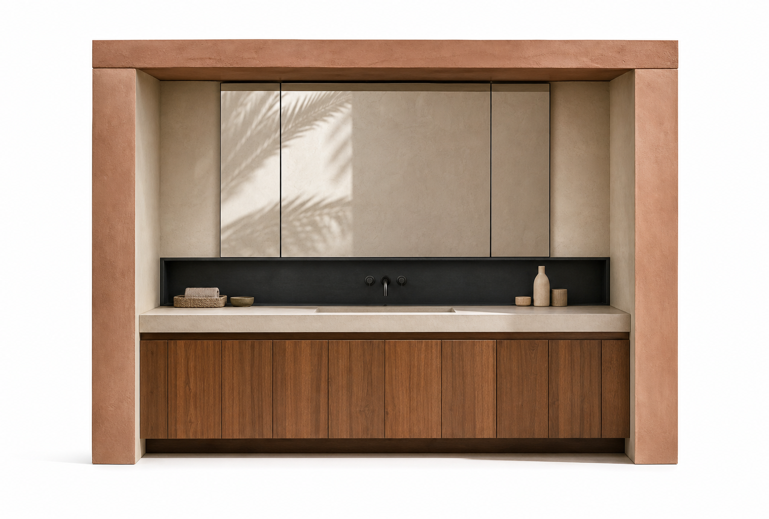 Fadior Verve Bath and Vanity Suite with Basalt Ribbon Wash Niche — 304 stainless steel bath and vanity system, front view
