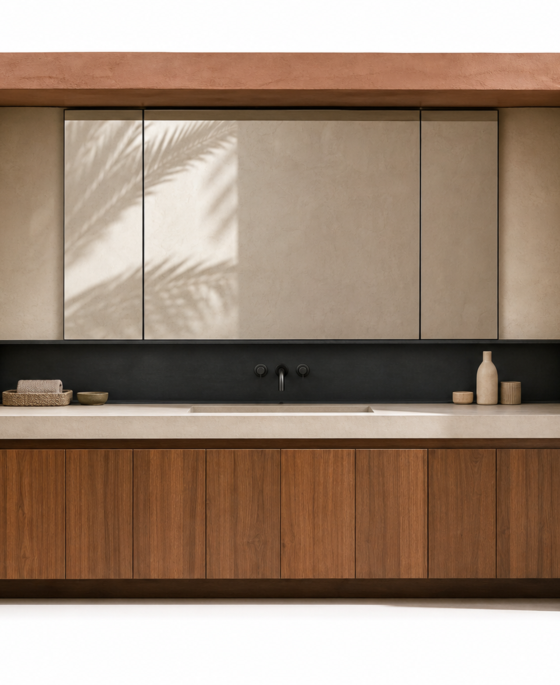 Fadior Verve Bath and Vanity Suite with Basalt Ribbon Wash Niche — 304 stainless steel bath and vanity system, front view