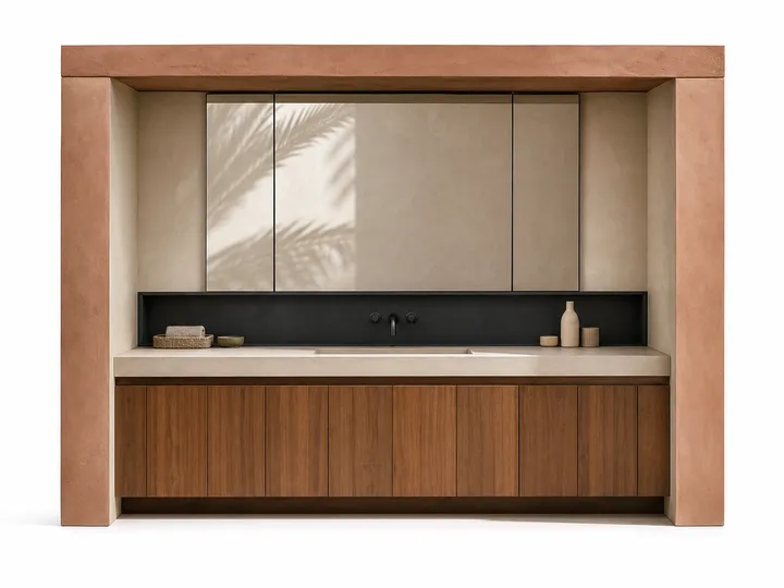 Fadior Verve Bath and Vanity Suite with Basalt Ribbon Wash Niche — 304 stainless steel bath and vanity system, front view