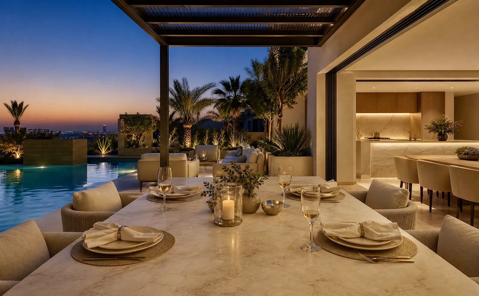Residential terrace context with cream dining table, warm kitchen glow, pool, and evening hospitality.