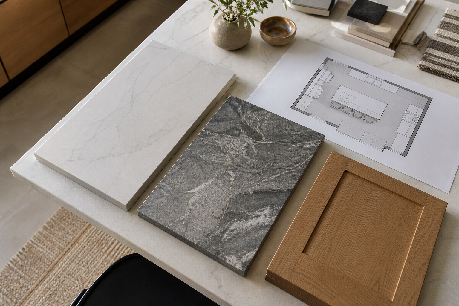 Countertop sample comparison for sintered stone and adjacent kitchen finishes.