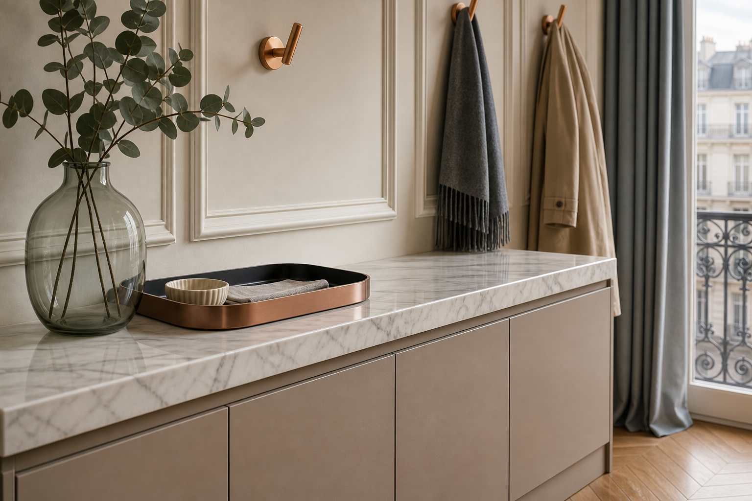 Fadior Loggia Entryway Suite with Touch-Clean Mudroom Console — close-up of stainless steel finish and hardware detail