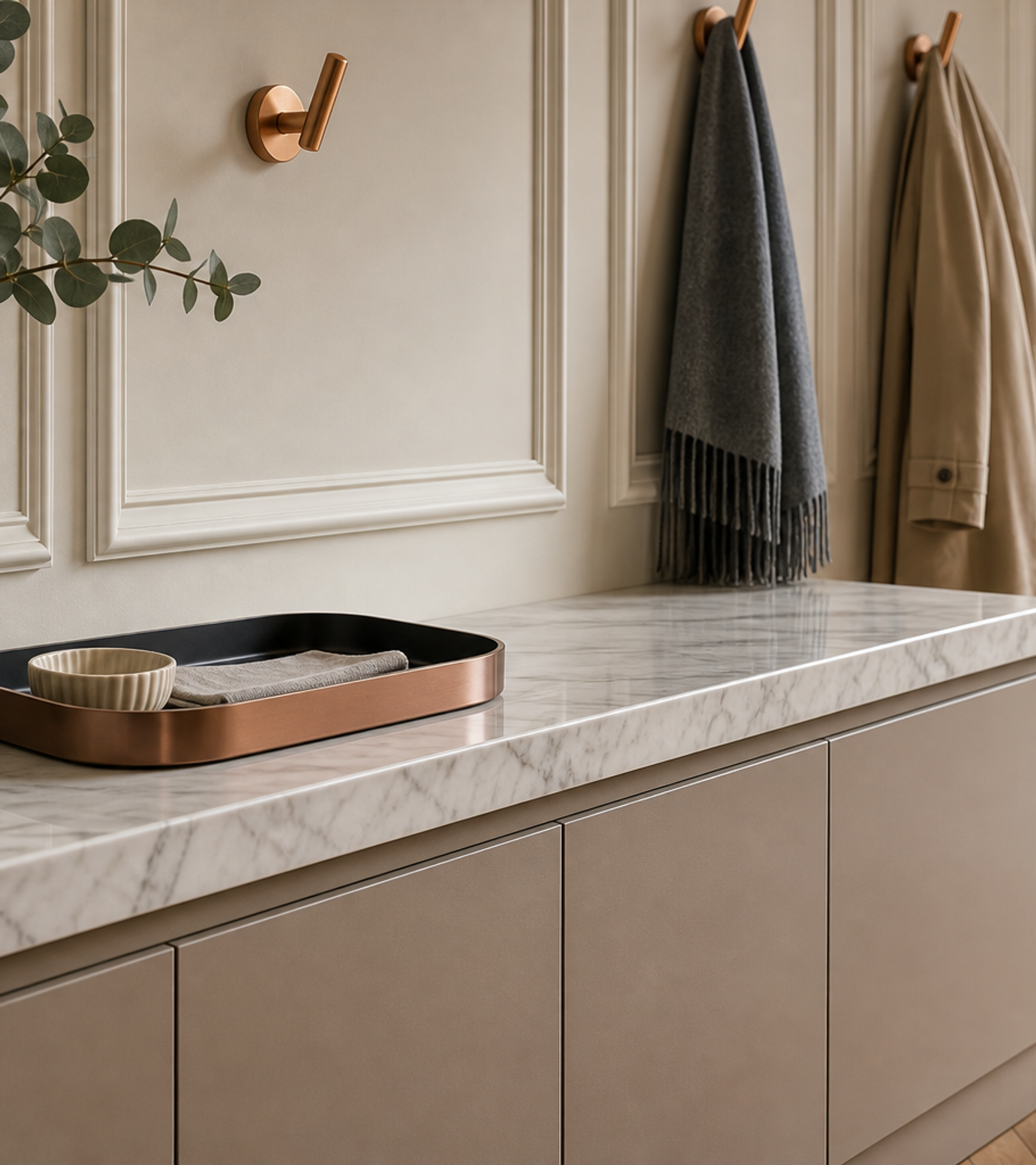 Fadior Loggia Entryway Suite with Touch-Clean Mudroom Console — close-up of stainless steel finish and hardware detail