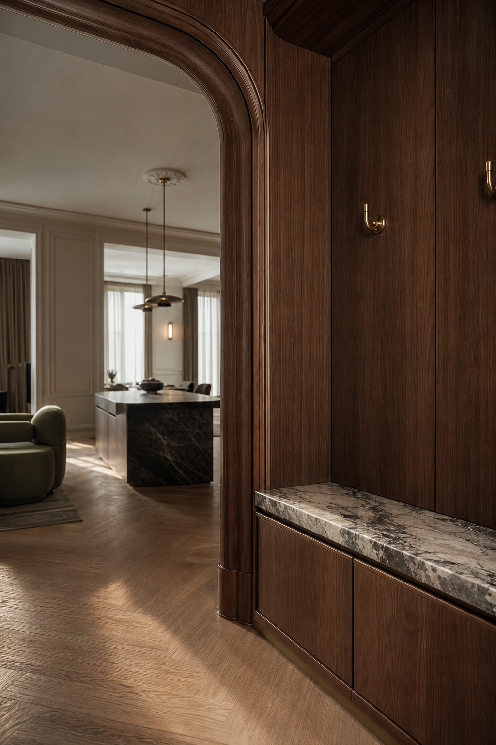Fadior Ecliptic Entryway Suite with Sculpted Threshold Arc — close-up of stainless steel finish and hardware detail