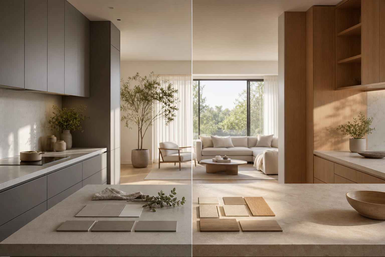 Decision scene comparing quiet cabinet and surface palettes in a modern kitchen.