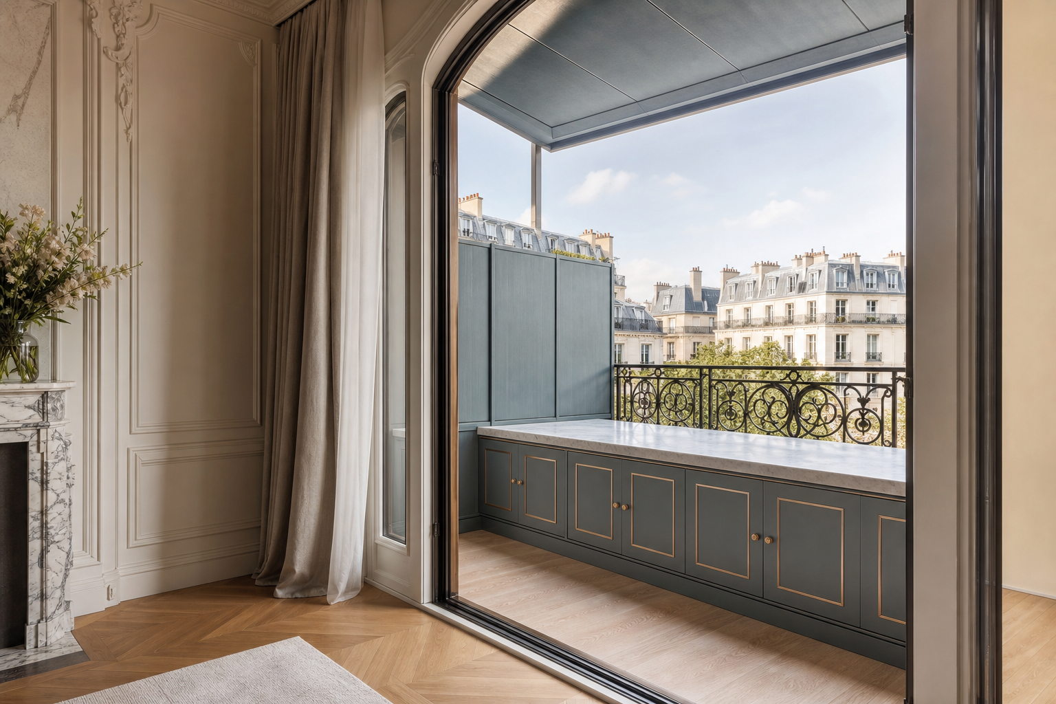 Fadior Soleil Balcony Suite with Privacy Eave Console — interior room context showing cabinet integration