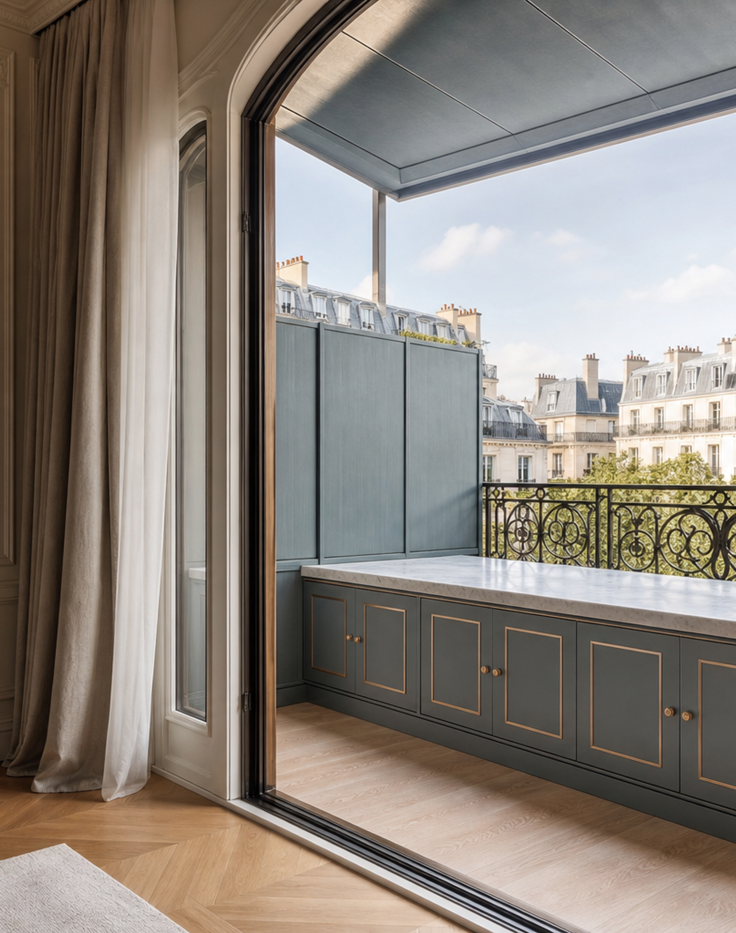 Fadior Soleil Balcony Suite with Privacy Eave Console — interior room context showing cabinet integration