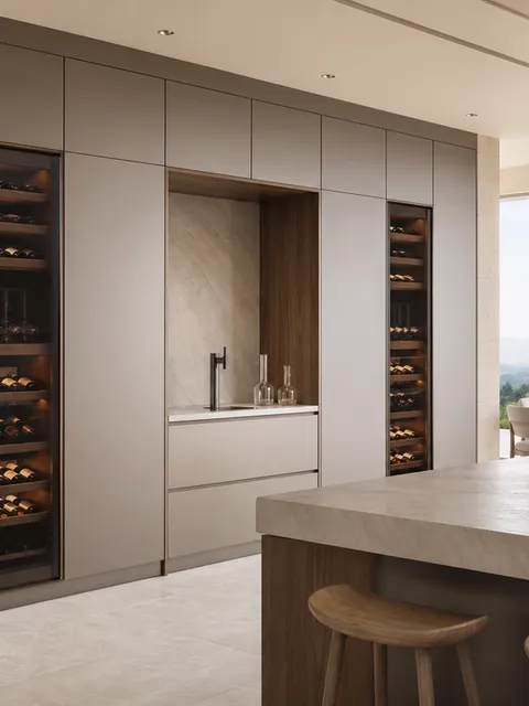 Conjunto de gabinete de vinos Cru con pared de degustación Tapline