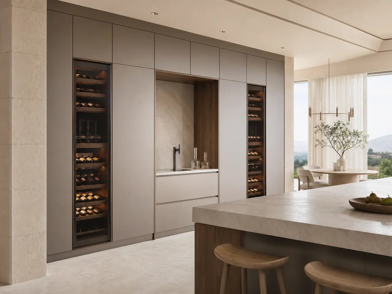 Fadior Conjunto de gabinete de vinos Cru con pared de degustación Tapline - armario para vinos a medida en acero inoxidable 304 con acabados residenciales, almacenamiento y planificación por estancia