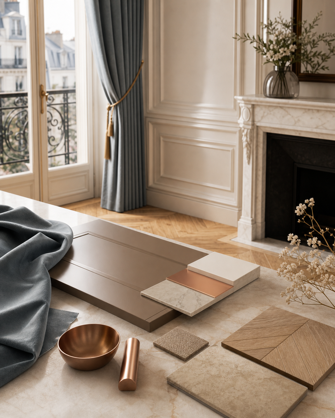 Close mood study of pale surfaces, soft seating, and warm residential light.