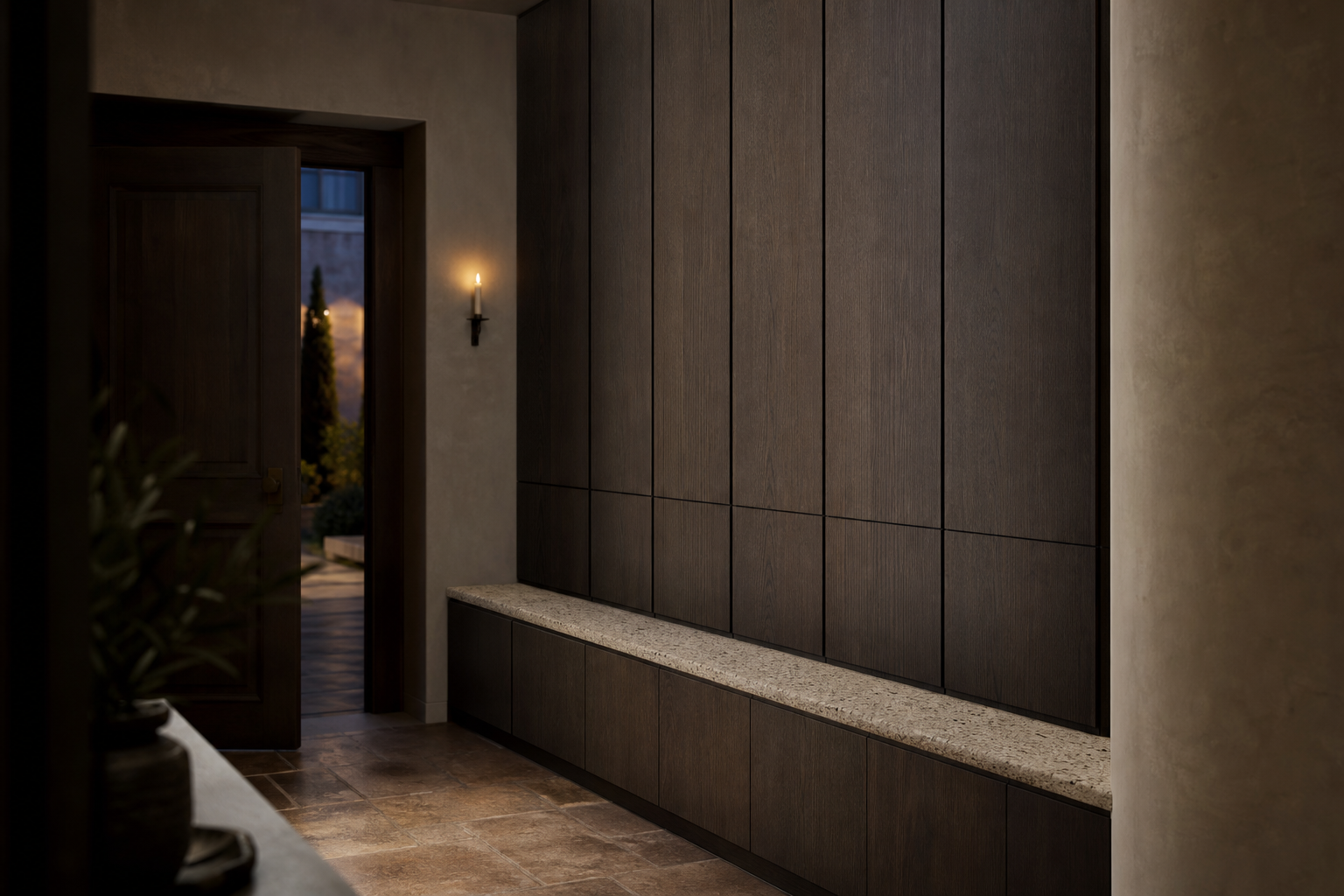 Fadior Ecliptic Terrazzo Bench Pivot Locker — interior room context showing cabinet integration