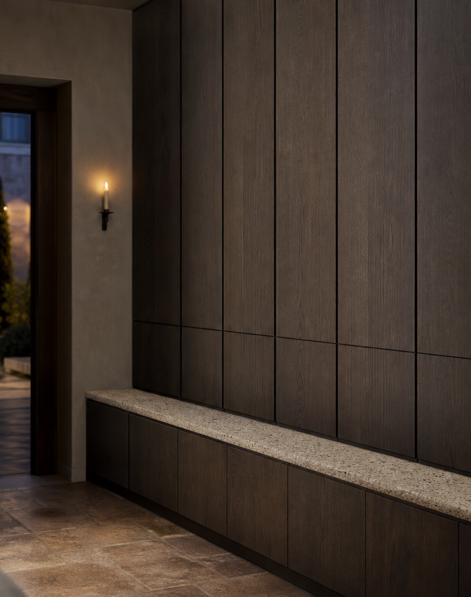 Fadior Ecliptic Terrazzo Bench Pivot Locker — interior room context showing cabinet integration