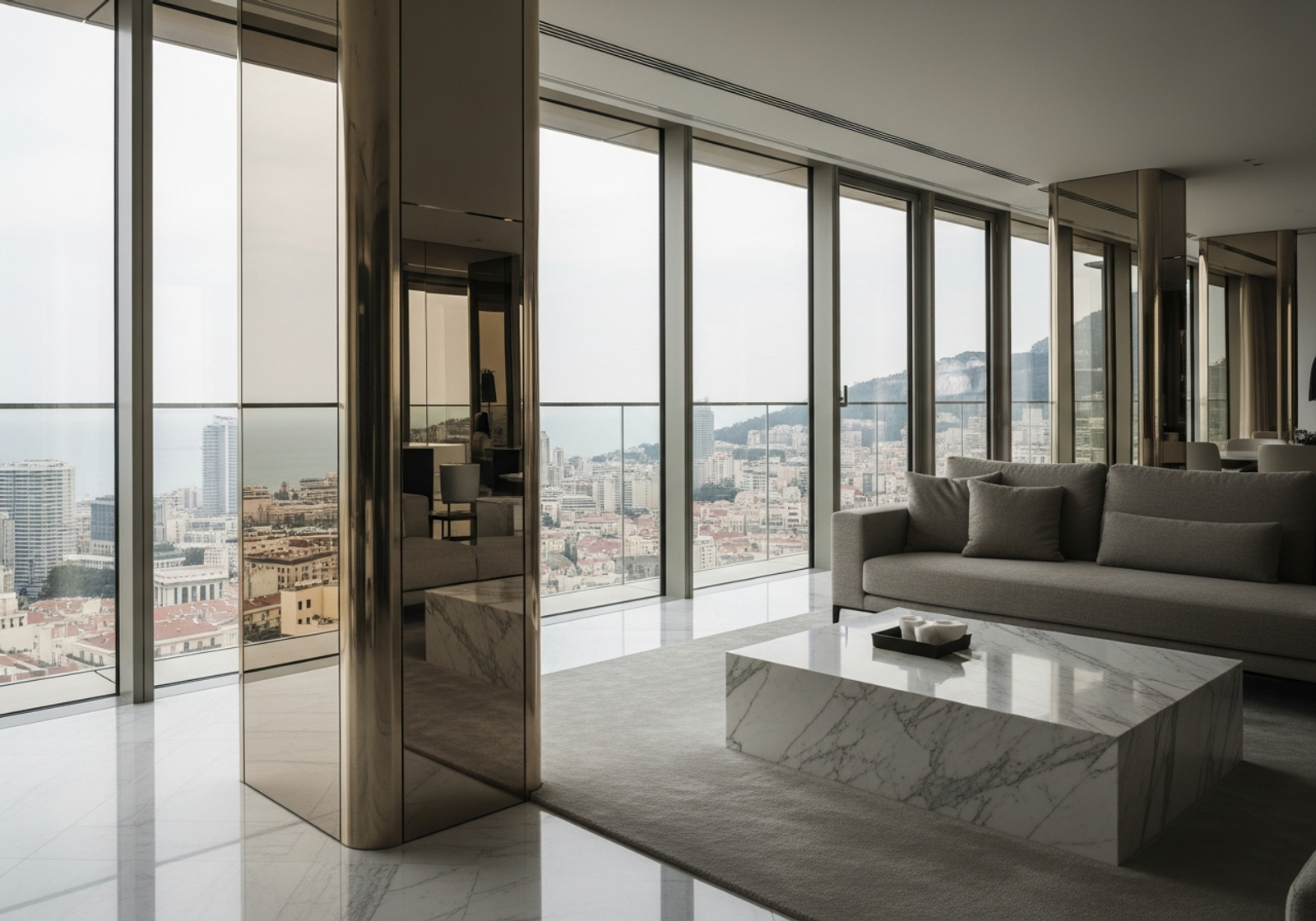 Fadior Monaco Harbour Penthouse — living space with panoramic city view