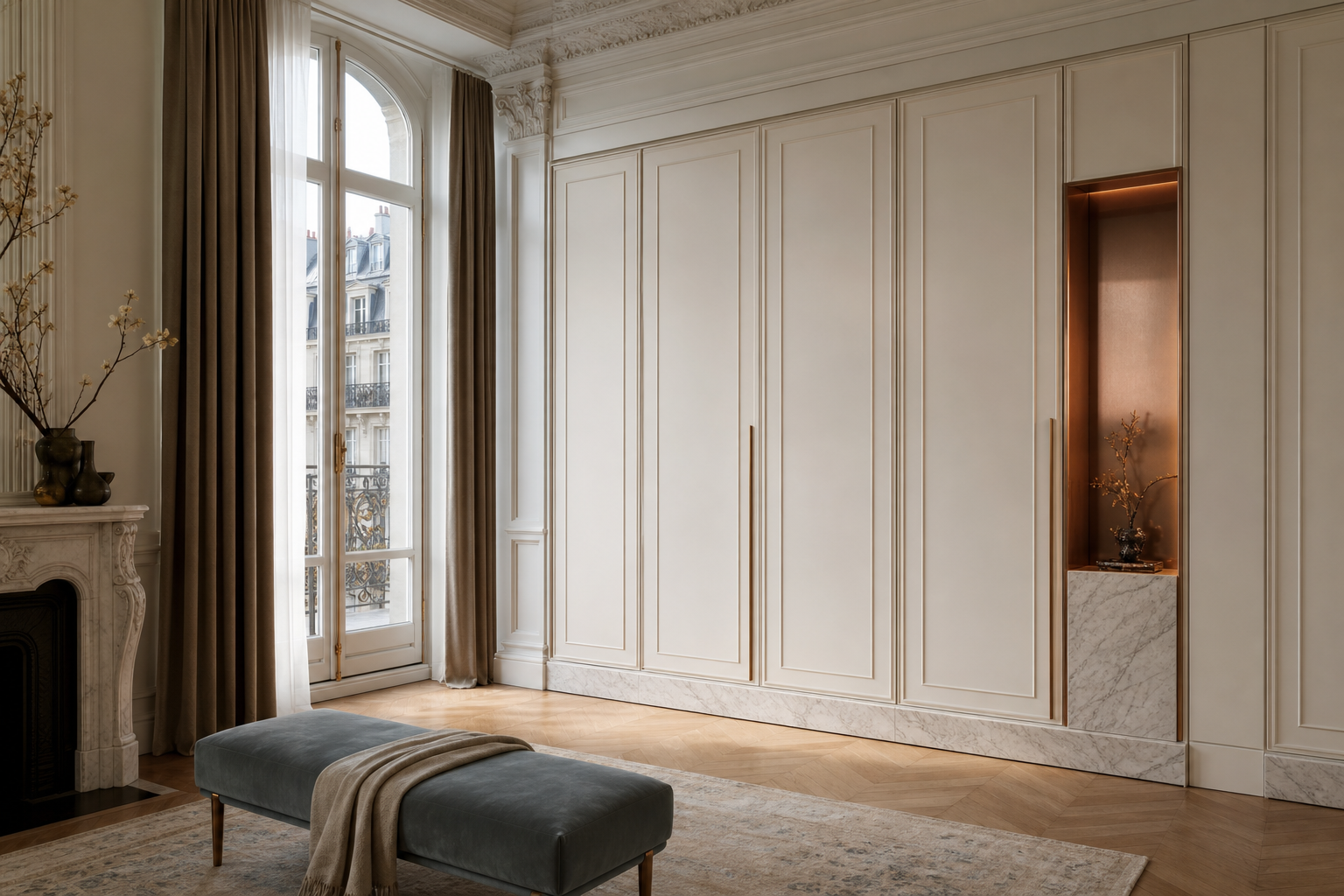 Fadior Elementum Wardrobe Suite with Bronze Pivot Dressing Niche — lifestyle setting with natural light and residential