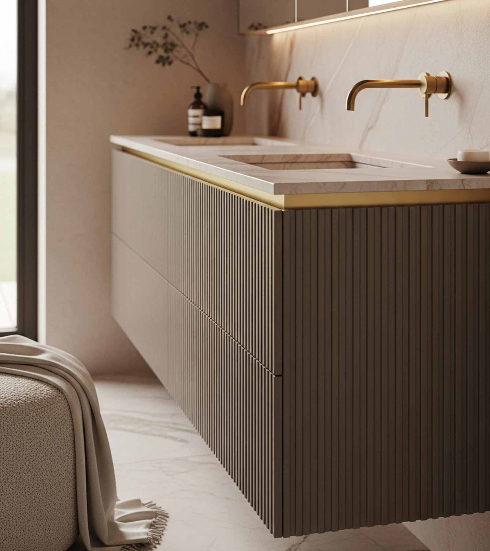 Fadior Solstice Bath and Vanity Suite — close-up of stainless steel finish and hardware detail