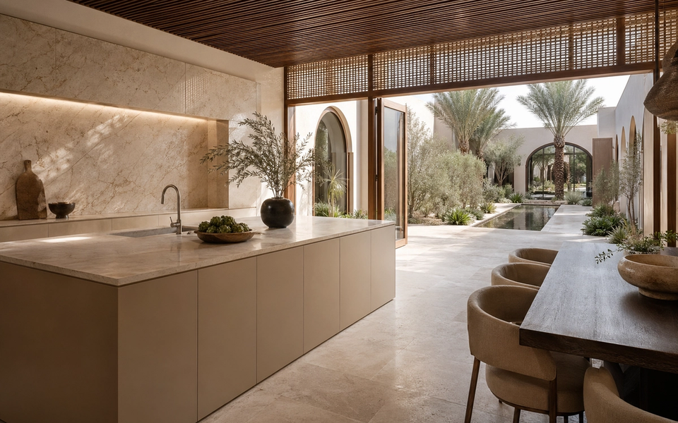 Fadior Dubai Garden Courtyard Villa — kitchen island, marble counter, timber ceiling, courtyard palm — 304 stainless steel cabinetry installation by Fadior