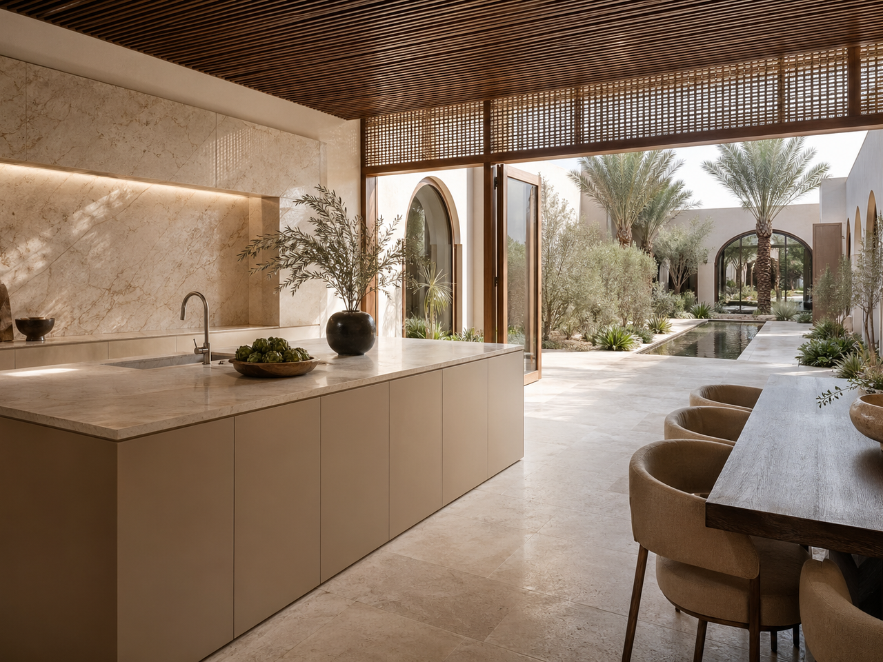 Fadior Dubai Garden Courtyard Villa — kitchen island, marble counter, timber ceiling, courtyard palm — 304 stainless steel cabinetry installation by Fadior