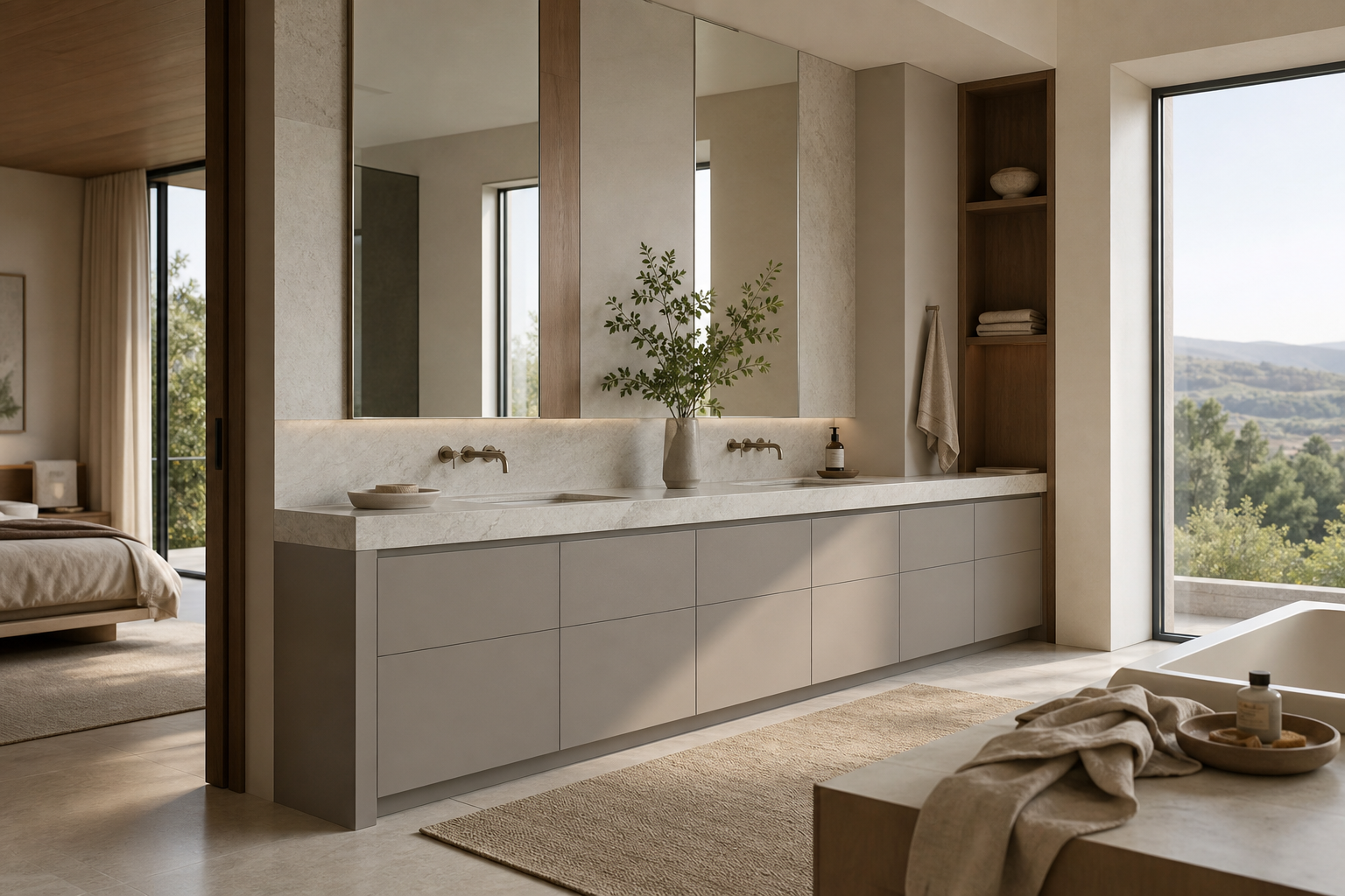 Fadior Verve Bath and Vanity Suite with Architectural Spa Vanity — lifestyle setting with natural light and residential styling