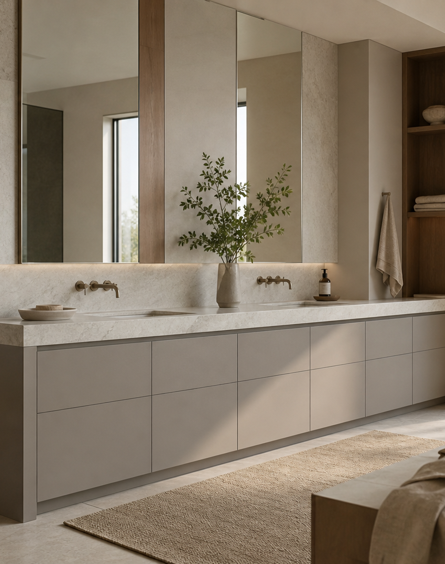 Fadior Verve Bath and Vanity Suite with Architectural Spa Vanity — lifestyle setting with natural light and residential styling